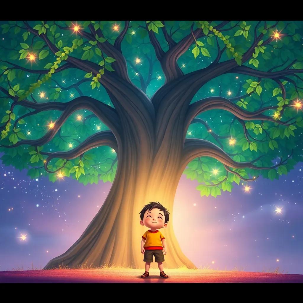 A small boy named Said, standing beneath the wide branches of the magical tree, eyes closed, making a wish with a hopeful expression, surrounded by bright colors and twinkling lights, child-friendly digital art