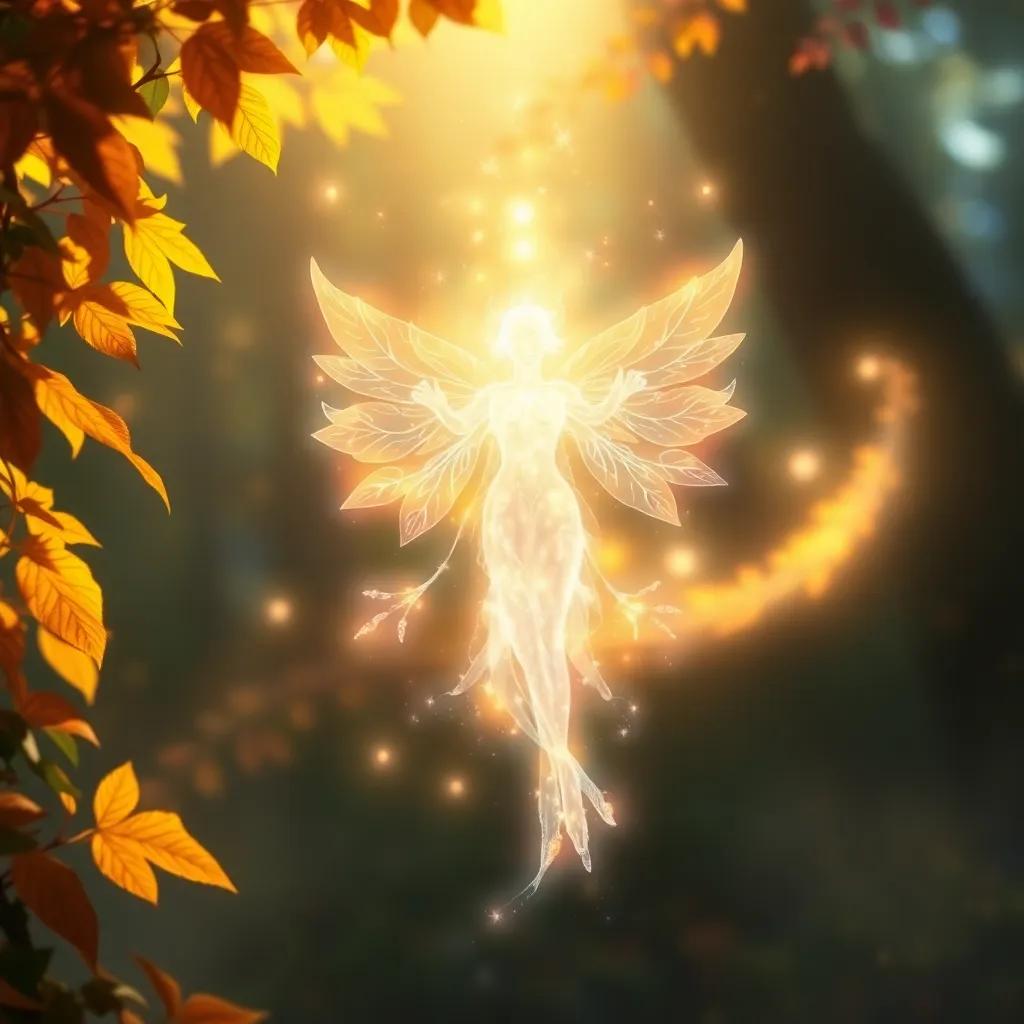 A beautiful spirit appearing before Said, ethereal and glowing, surrounded by shimmering light and colorful leaves, conveying a sense of wisdom and guidance, fantasy art style