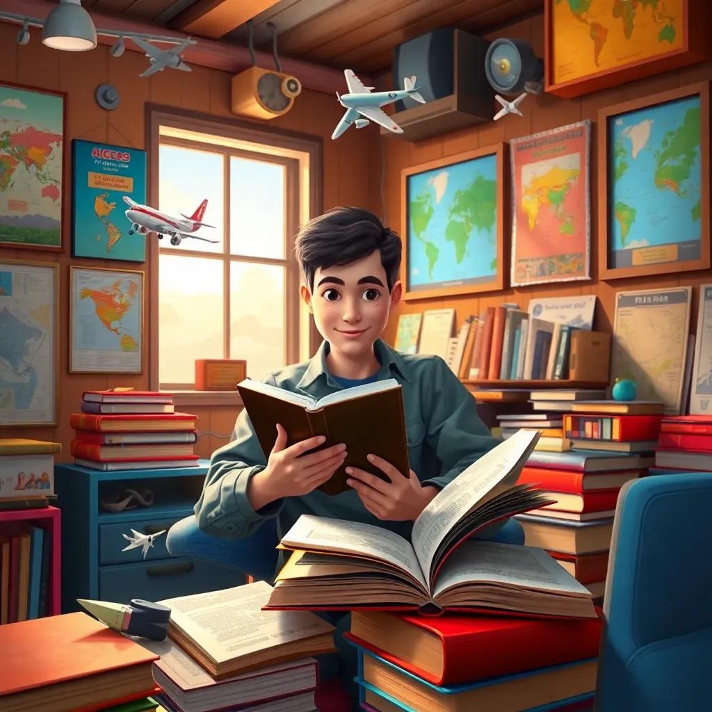 Said immersed in books and studies about flying, surrounded by airplane models and diagrams in a cozy room filled with posters, vibrant and engaging, youthful atmosphere