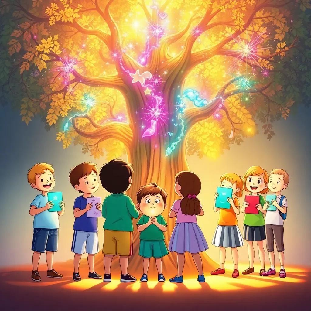 A group of happy children gathered around the magical tree, each holding colorful dreams and aspirations, warm sunlight casting a golden glow, heartwarming scene of determination and friendship, uplifting imagery