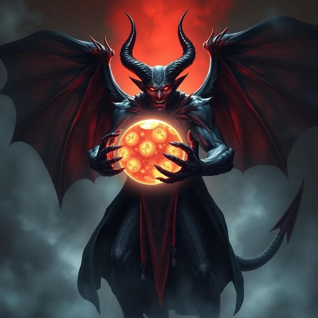 A strong devil named Zoros, with dark wings and glowing eyes, holding a glowing orb of souls, surrounded by misty shadows, fantasy art, mystical lighting, dark colors, striking perspective, detailed illustration, highly vivid