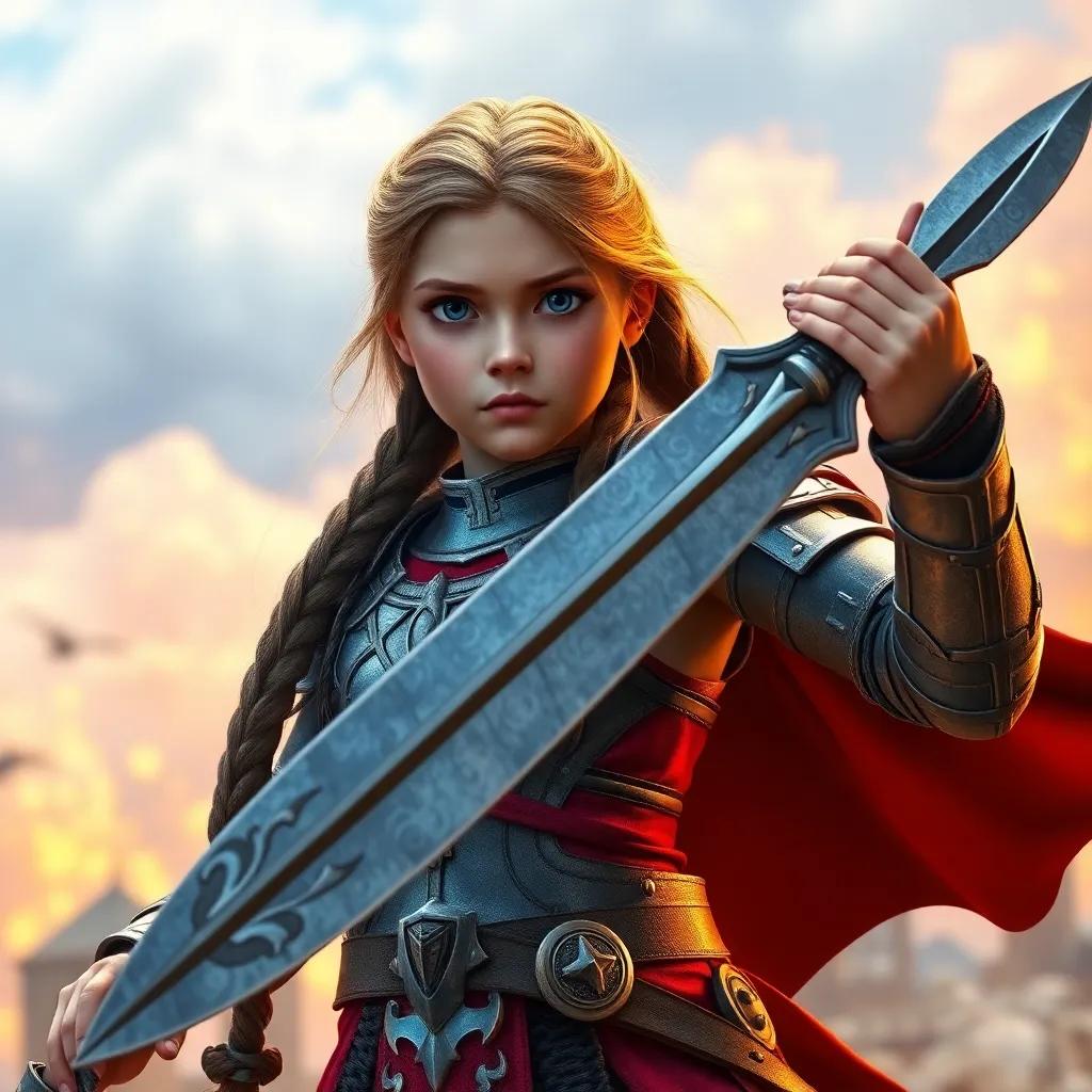 A brave warrior girl named Leila, with long braided hair, wearing shining armor and wielding a cursed sword, standing defiantly against Zoros, bright colors, heroic atmosphere, high quality, dynamic view, child-friendly