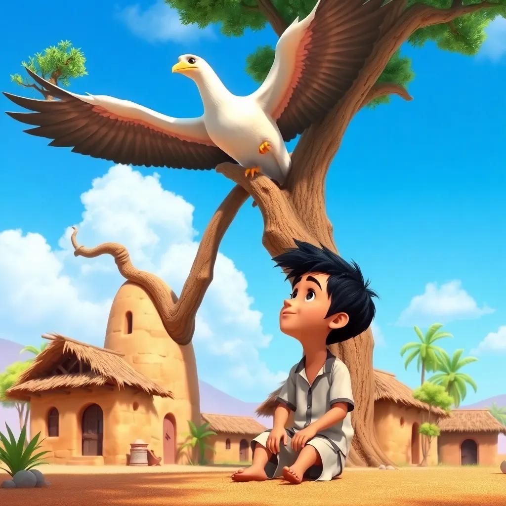 A small village, with Karim, a young Arab boy, with short black hair, wearing a simple shirt and shorts, sitting under a large tree, looking up at the giant bird in the clear blue sky, digital art, vibrant colors, cheerful atmosphere, child-friendly
