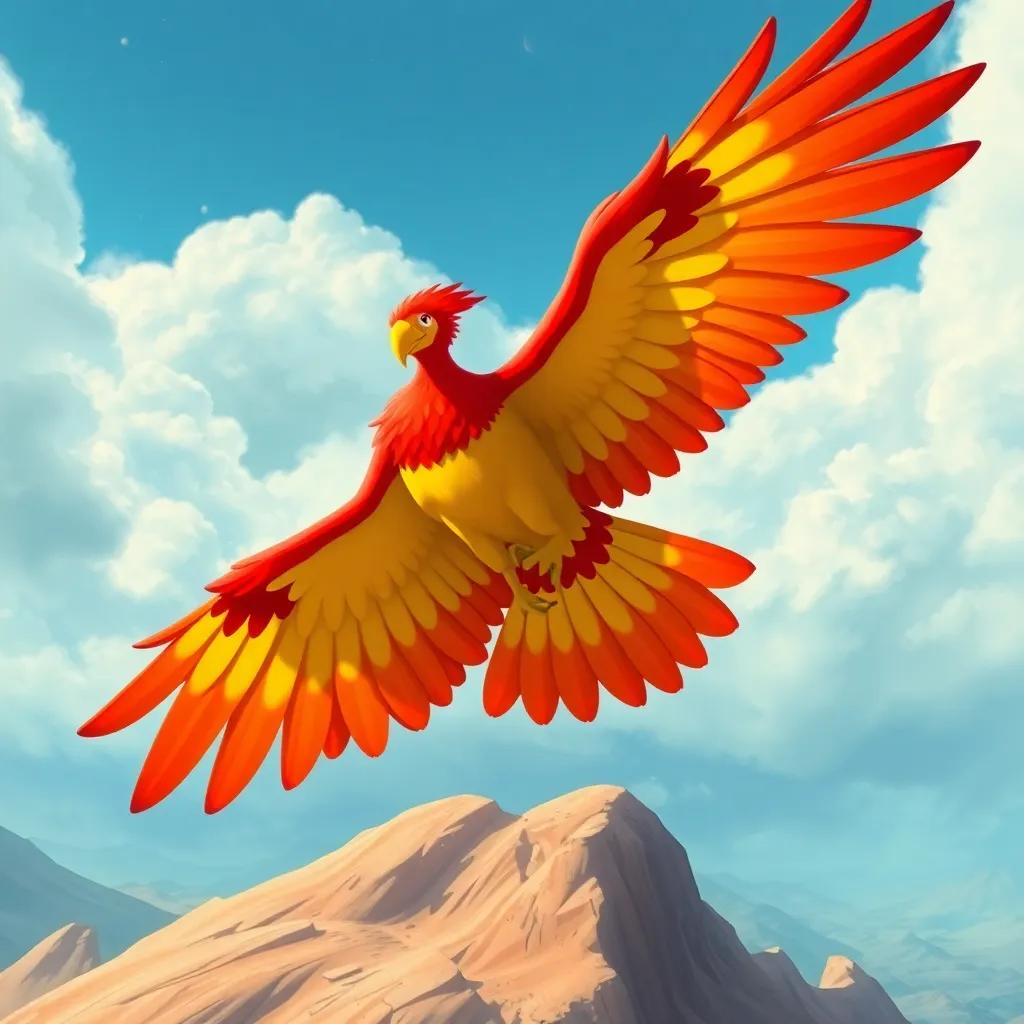 A giant majestic bird soaring in the sky above Karim, with bright red and yellow feathers, wings spread wide, stunning view, illustration, rich colors, magical feel, child-friendly