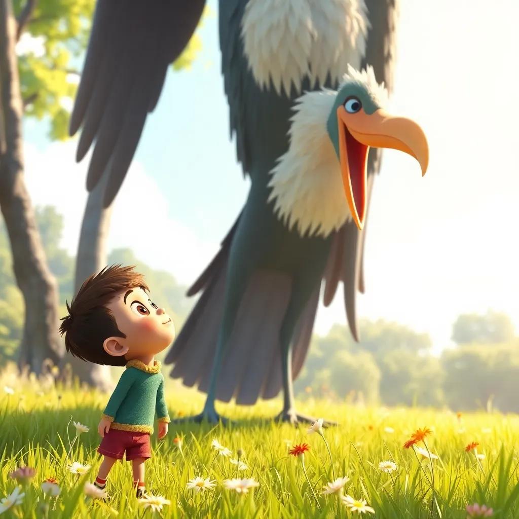 Karim looking amazed at the giant bird, with his mouth open in awe, standing on a grassy meadow, flowers around him, sunlight filtering through the trees, child-friendly, bright and colorful