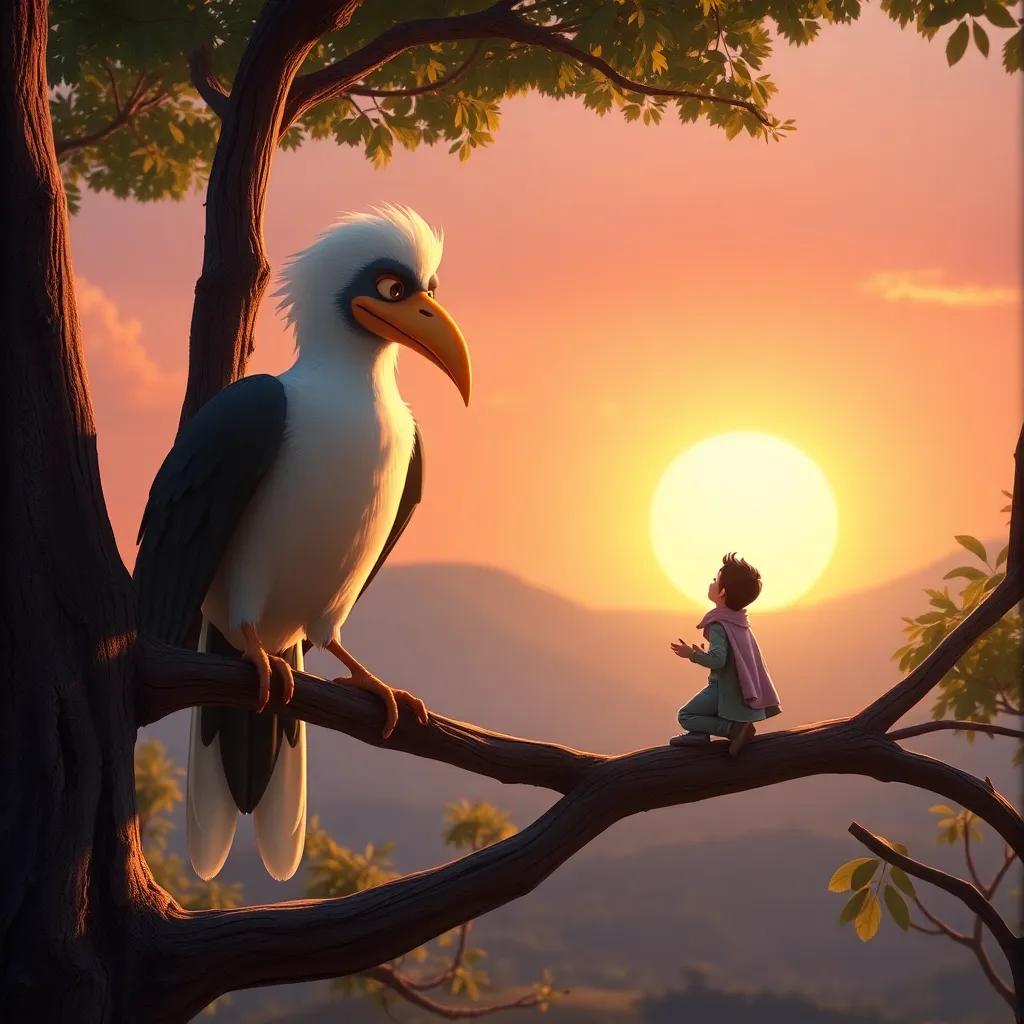 The giant bird perched on a tree branch, speaking to Karim, with a wise expression, the sun setting in the background, warm light, enchanting scene, high quality