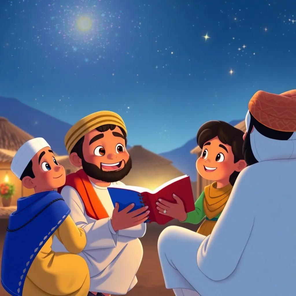 Karim back in the village, sharing stories with his friends, animated expressions, starry night sky above, warm and cozy atmosphere, friendship theme, vibrant colors