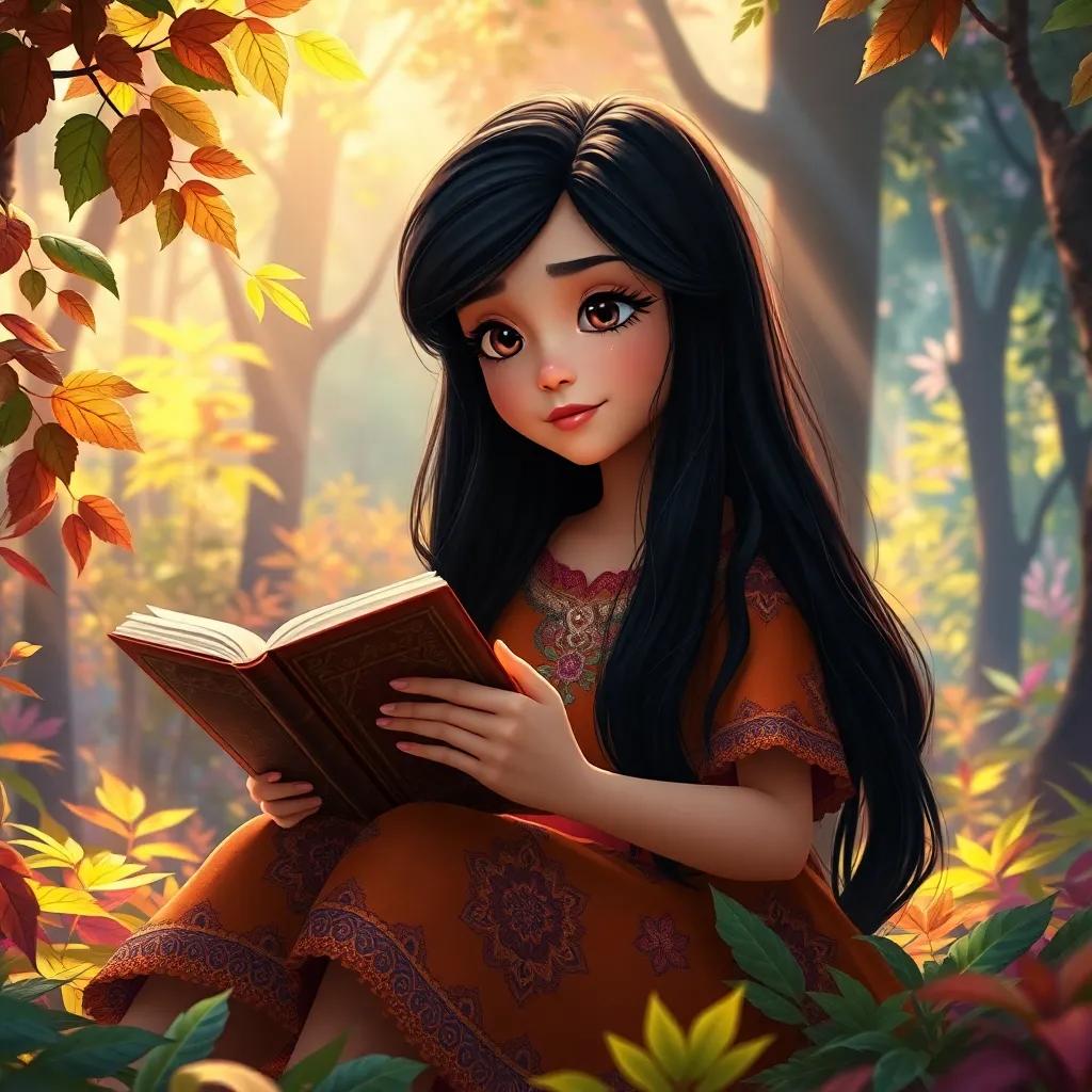 A young girl, Leila, with long black hair wearing a colorful dress, sitting in a vibrant forest reading an ancient book, sunlight filtering through the leaves, digital art, warm colors, magical atmosphere, high quality