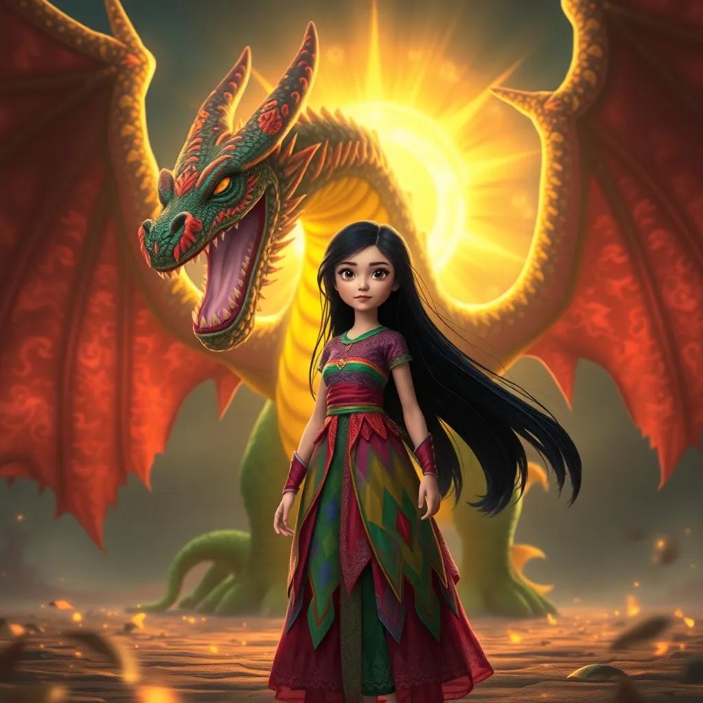 Leila, a young girl with long black hair wearing a colorful dress, standing in front of a mystical dragon, using her courage and strength, surrounded by glowing runes, digital art, vibrant colors, epic scene, high detail