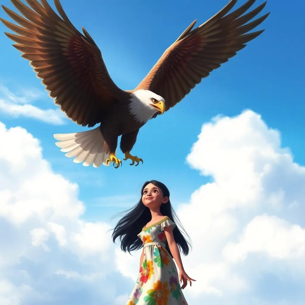 A majestic eagle soaring above Leila, a young girl with long black hair in a colorful dress, with a clear blue sky and soft clouds, symbolizing strength and guidance, digital painting, realistic, uplifting