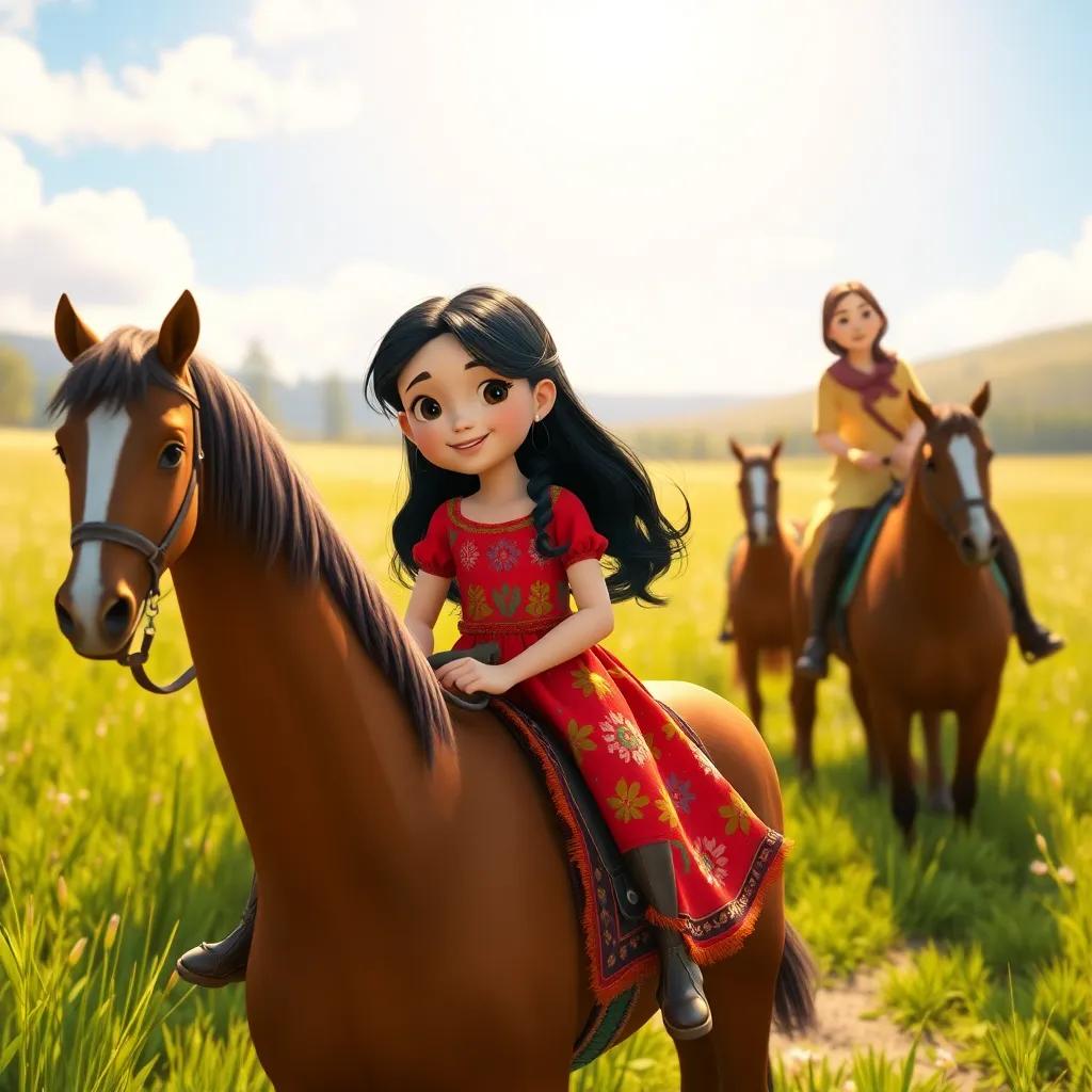 Leila, a young girl with long black hair in a colorful dress, practicing horseback riding in a serene meadow with her grandmother’s sisters, bright sunlight illuminating the scene, cheerful atmosphere, high quality