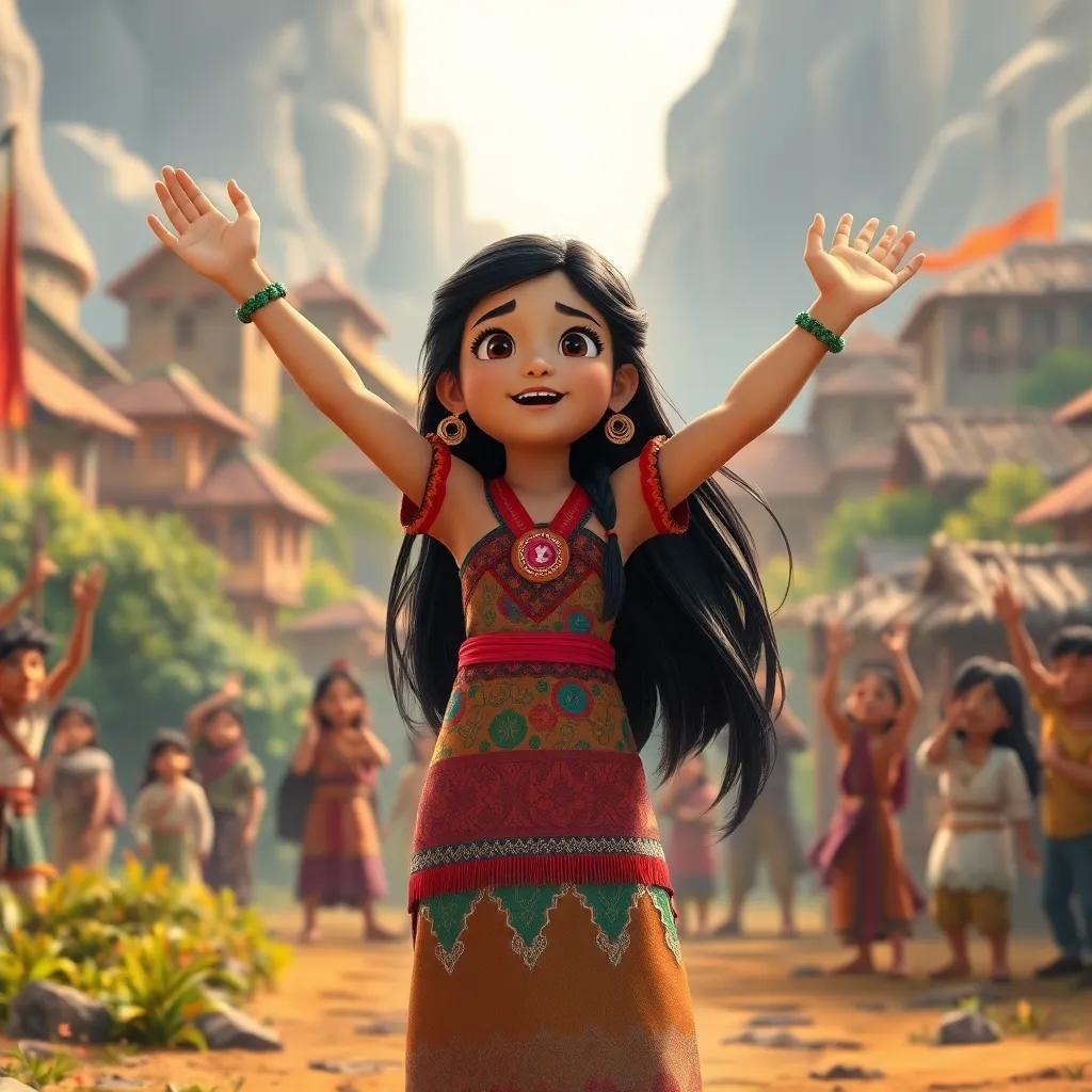 Leila, a young girl with long black hair in a colorful dress, triumphantly standing before her village after defeating enemies, villagers cheering and celebrating, warm light, joyful scene, uplifting imagery