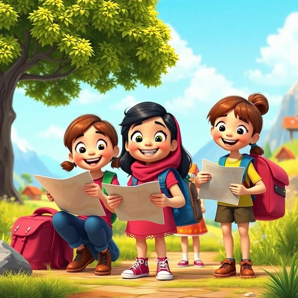 A group of friends, Leila and her friends, excitedly planning their adventure with maps and backpacks, colorful scenery, playful and cheerful atmosphere, digital art, vibrant colors, child-friendly
