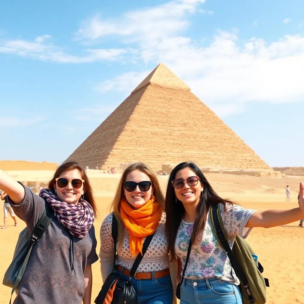 Friends visiting the Great Pyramid of Giza, amazed at its size, with sandy desert background, capturing their photos with big smiles, sunny day, bright colors, cheerful, high quality
