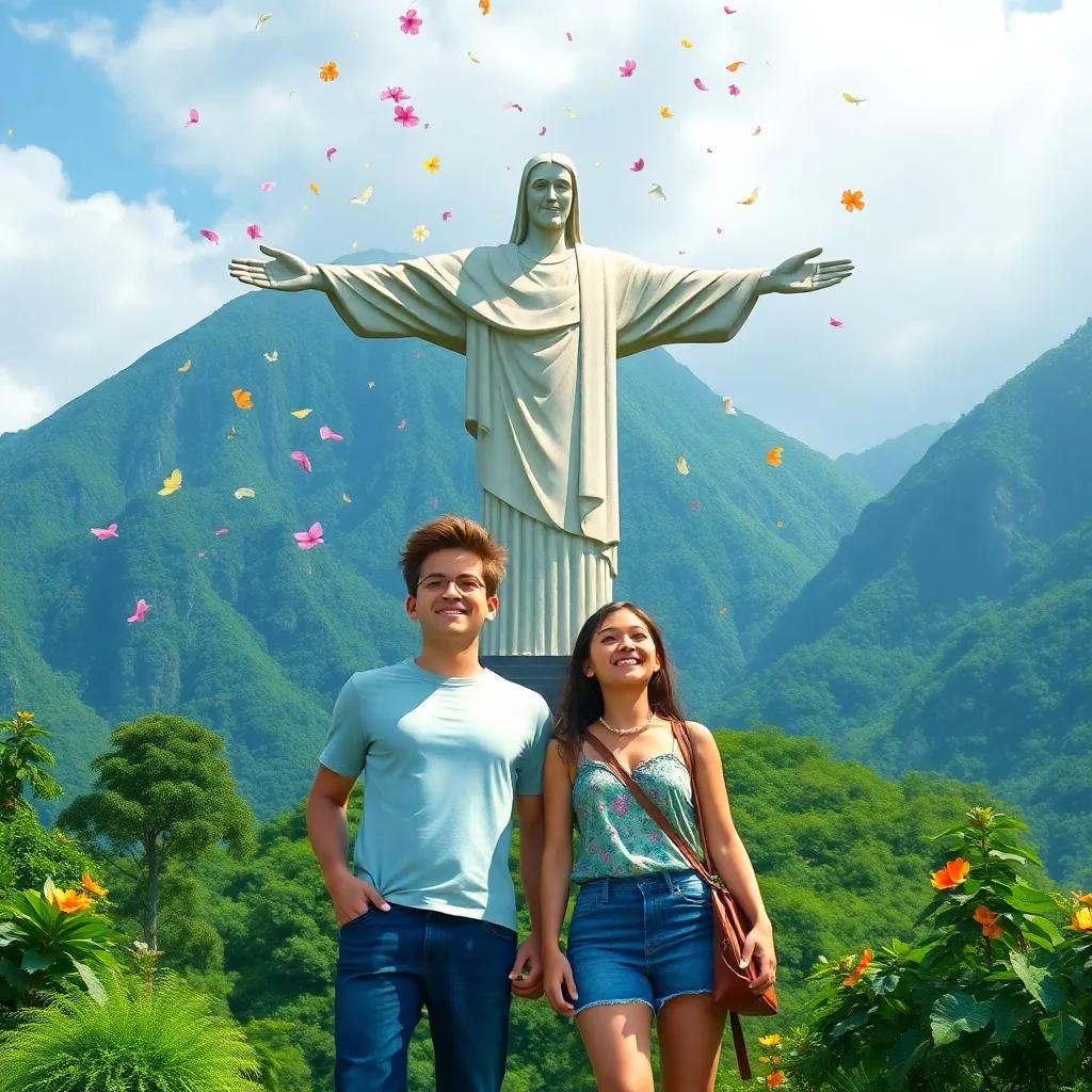 The friends standing in front of Christ the Redeemer statue in Brazil, with flowers raining down on them, joyful expressions, lush green mountains in the background, bright and colorful, lively scene