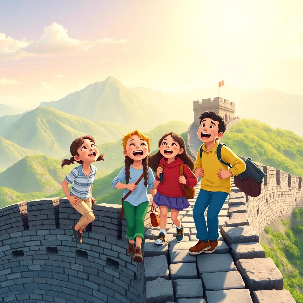 The friends climbing the Great Wall of China together, laughing and singing, beautiful mountain landscape around them, sunny sky, colorful clothes, friendship and teamwork, high resolution illustration