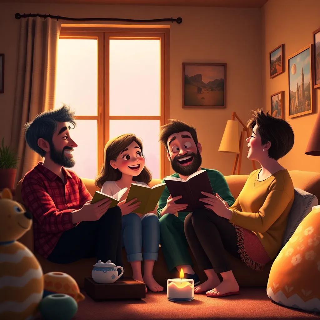 The friends sharing stories and laughter back at home, with their pictures of the wonders on the wall, warm light and cozy room, happy and cherished memories, heartwarming scene