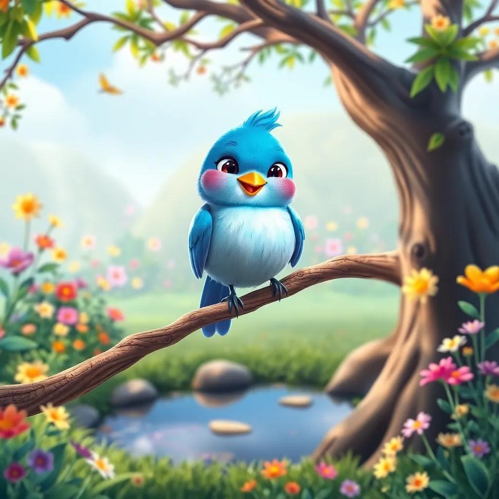 A small blue bird, Bilan, with a cheerful expression, sitting on a branch of a large tree surrounded by colorful flowers and a small pond, digital art, bright and vibrant colors, cheerful atmosphere, high quality