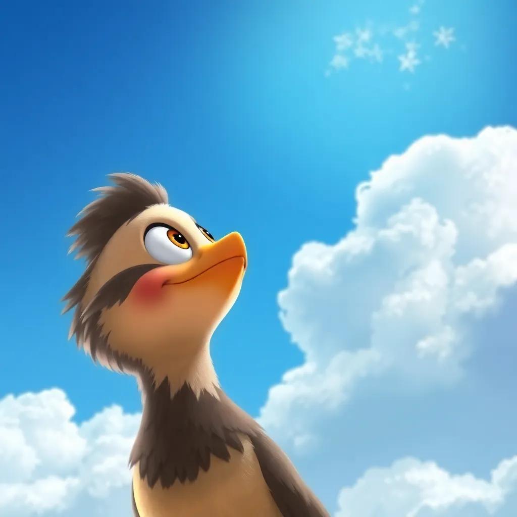 Bilan the bird, looking determined, gazing up at the blue sky with clouds, preparing for his first flight, illustration, hopeful and adventurous, warm colors, high quality