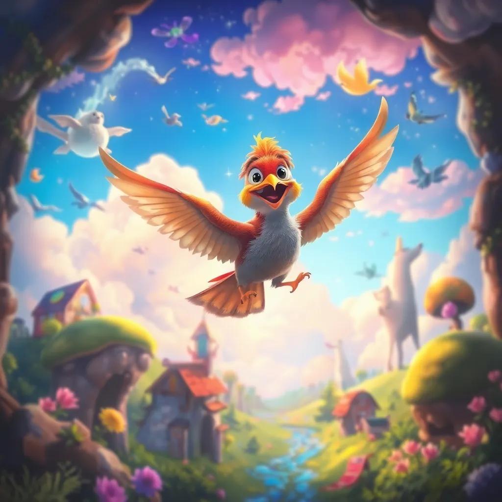 A hidden world in the sky, filled with magical creatures and vibrant colors, Bilan the bird flying into this world with excitement, digital painting, magical atmosphere, vibrant colors, high detail