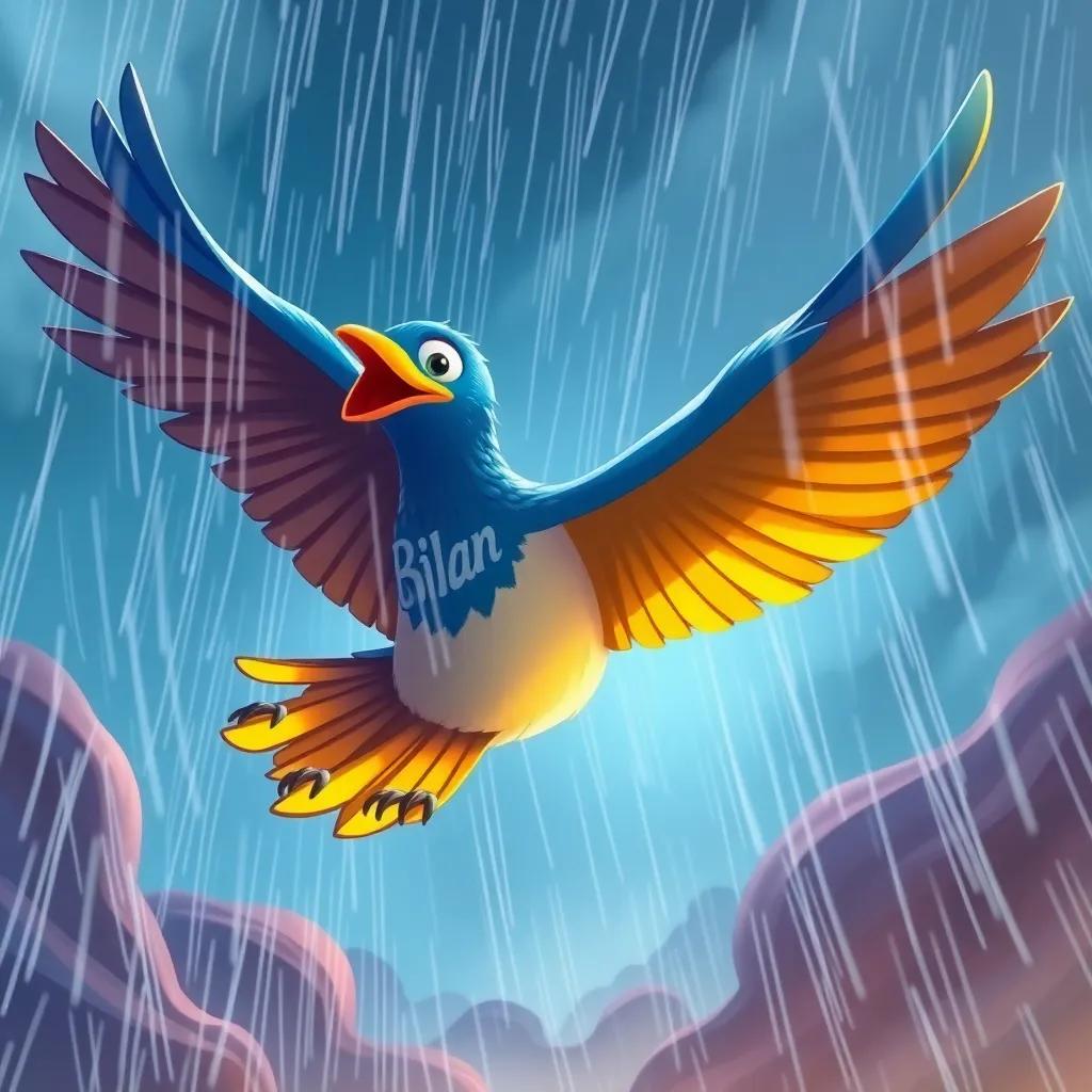 Bilan the bird soaring through strong winds and rain, showing perseverance and bravery, illustration, vibrant colors, dynamic perspective, high quality