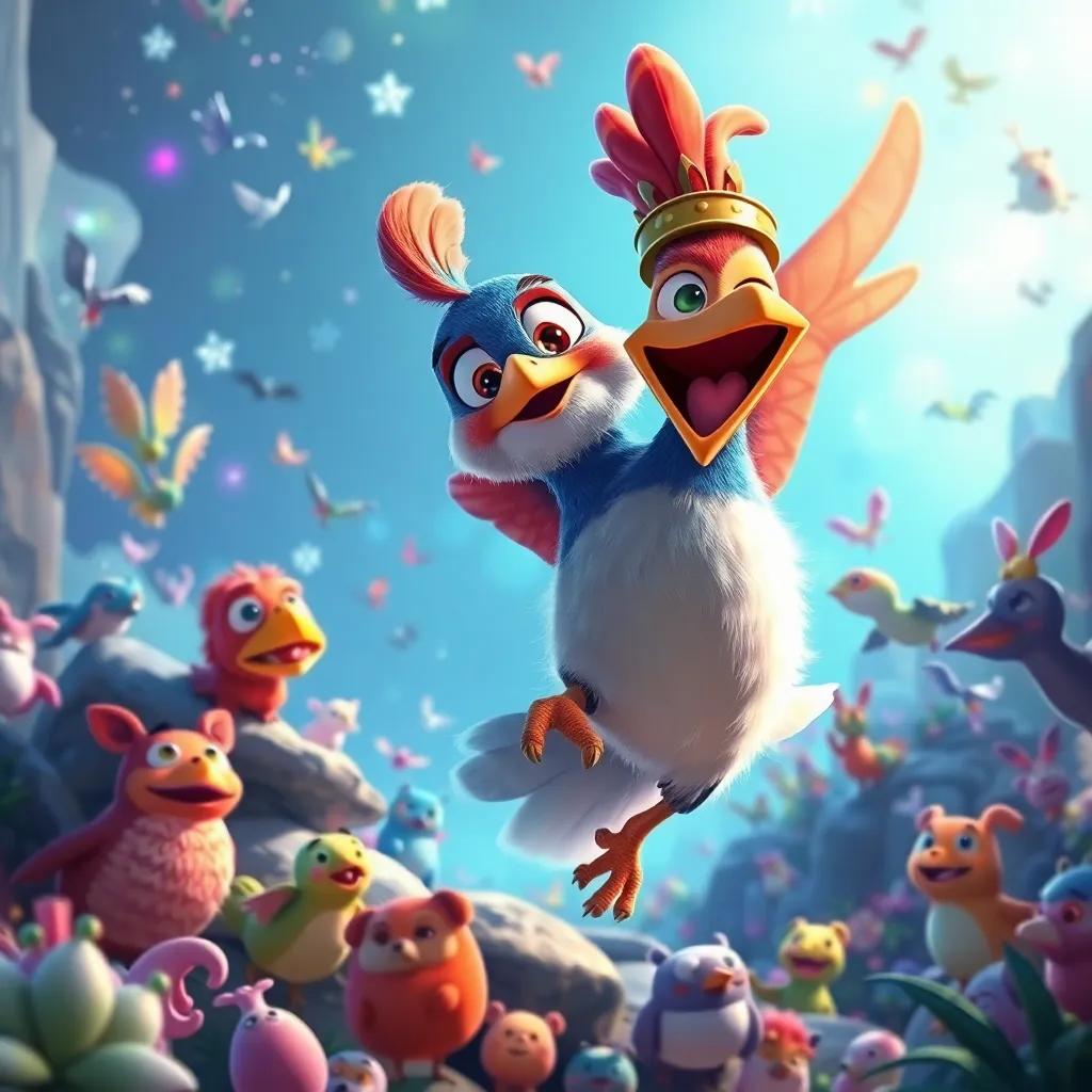 Bilan the bird surrounded by magical and colorful creatures in the hidden world, joyfully flying and celebrating his successful journey, digital art, bright and festive atmosphere, high quality