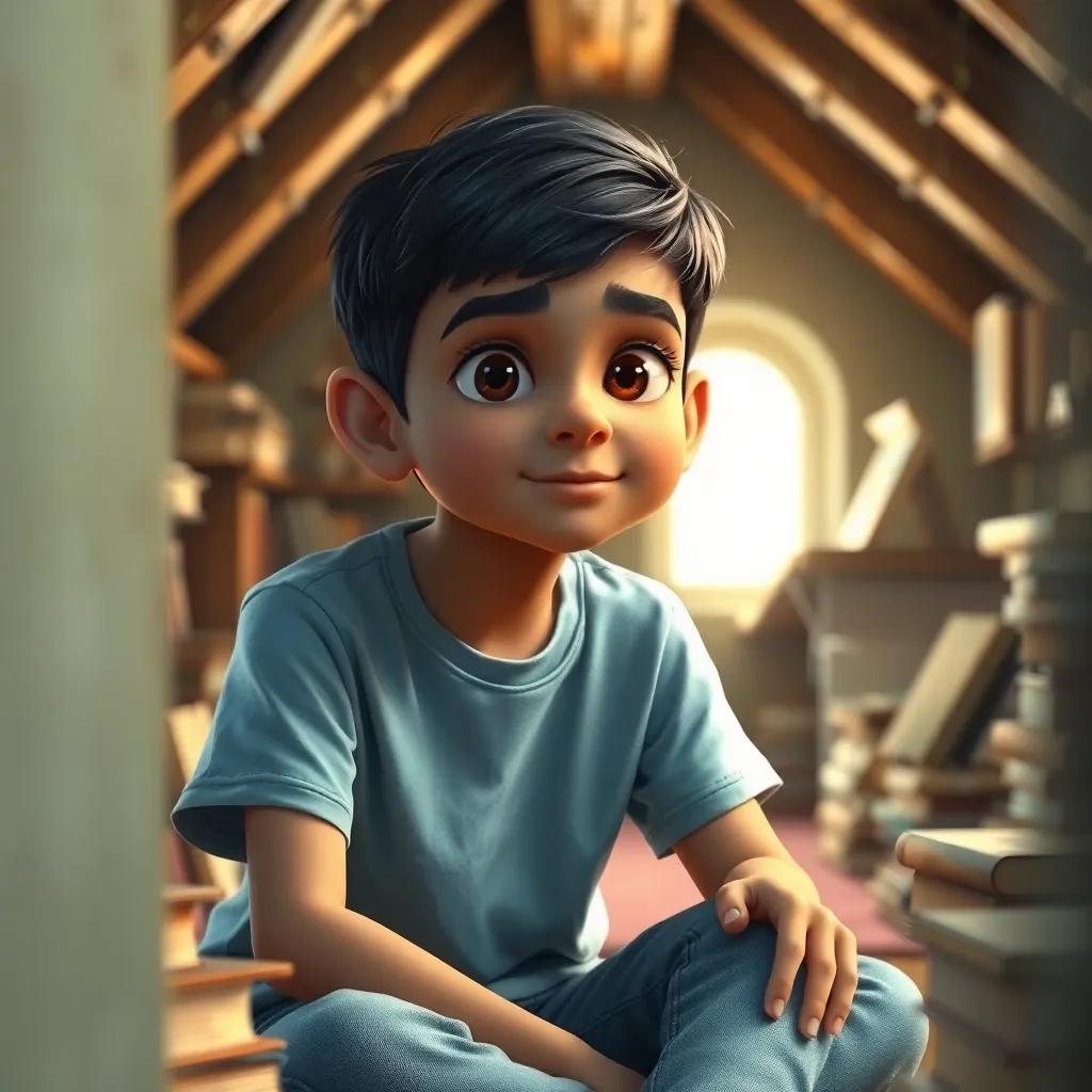 A young Arab boy, Sami, with short black hair wearing a light blue t-shirt and jeans, sitting in an attic surrounded by old books, cozy, warm light, rich colors, inviting atmosphere, digital art, high quality