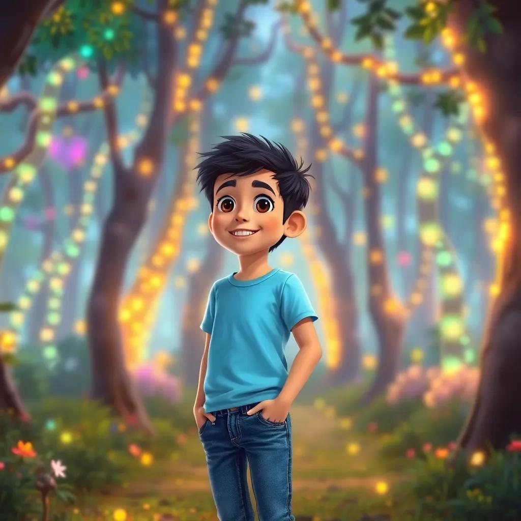 Sami, a young Arab boy with short black hair in a light blue t-shirt and jeans, looking excited in a magical forest filled with colorful trees and glowing lights, enchanting scene, hopeful, fantasy atmosphere, illustration, bright colors