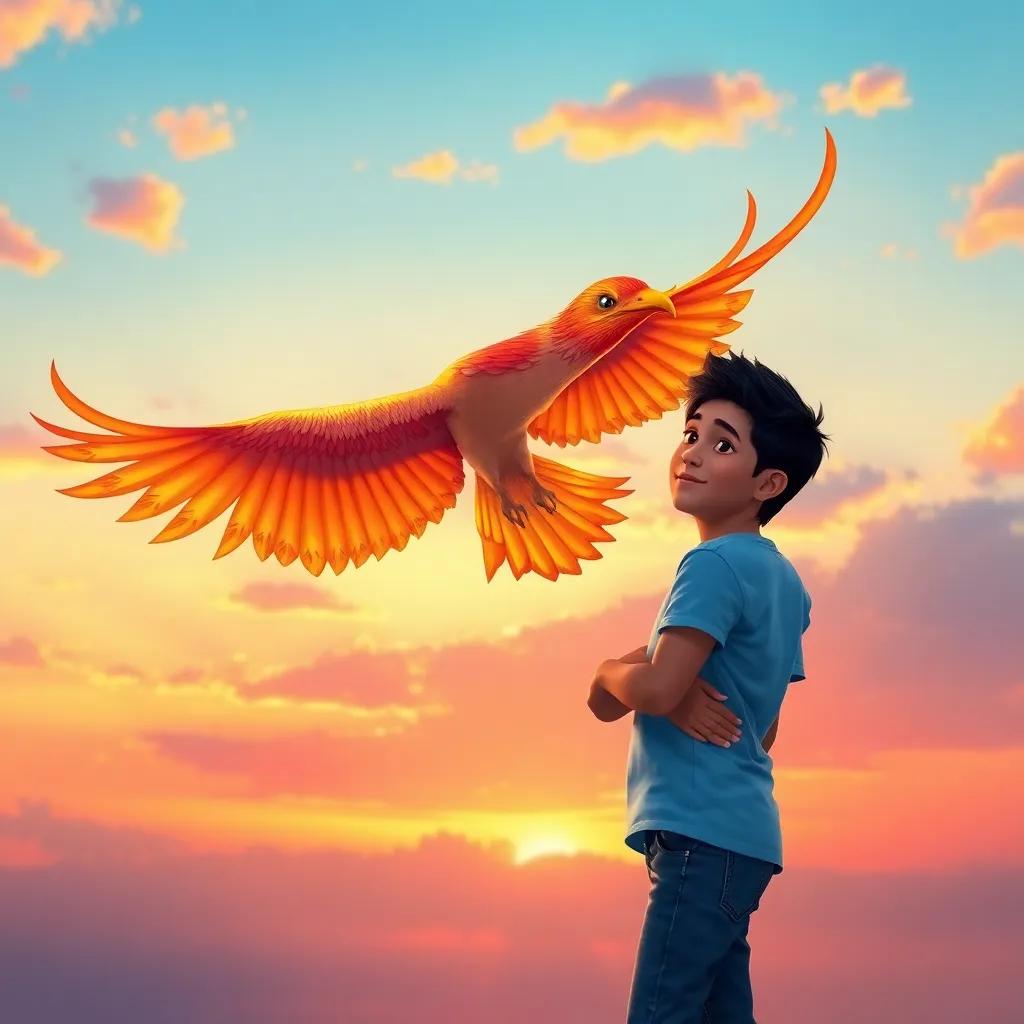 A magical phoenix soaring above Sami, a young Arab boy with short black hair in a light blue t-shirt and jeans, in a beautifully colored sky during sunset, symbol of courage and hope, digital painting, warm colors, uplifting