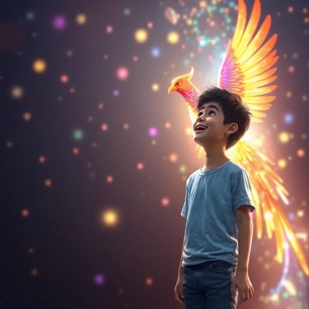 Sami, a young Arab boy with short black hair in a light blue t-shirt and jeans, experiencing joy as he watches the colorful phoenix flying gracefully, surrounded by sparkling lights and vibrant colors, heartwarming atmosphere, storytelling view, fantasy