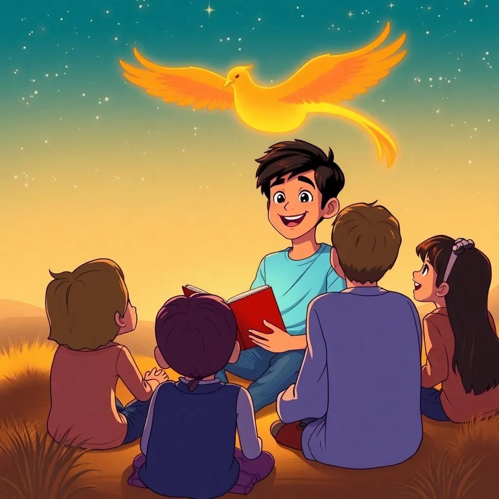 Sami, a young Arab boy with short black hair in a light blue t-shirt and jeans, sitting with friends under a starry sky, telling them the story of the phoenix with excitement and joy, cheerful, warm colors, community feel, inviting atmosphere