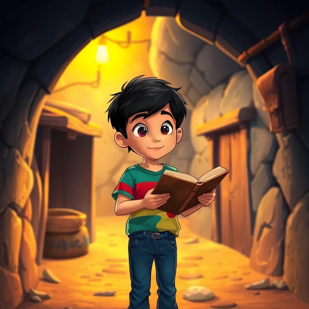 A young Arab boy, Sami, with short black hair, wearing a colorful t-shirt and jeans, standing in a small village with a curious expression, observing a hidden attic with a dusty old book, illustration, vibrant colors, warm light, inviting atmosphere, high quality
