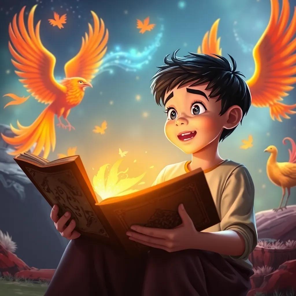 A young Arab boy, Sami, with short black hair, excitedly reading an ancient book about the phoenix, surrounded by magical illustrations of the mythical bird, child-friendly art, bright colors, enchanting atmosphere, detailed