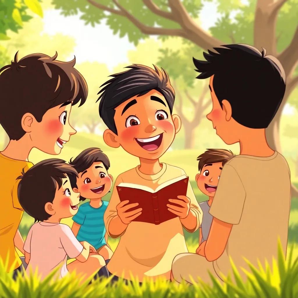 Sami, a young Arab boy with short black hair, gathering his friends in a sunny park, animatedly telling them about the story of the phoenix, smiles and laughter all around, cheerful illustration, warm light, engaging scene, high quality