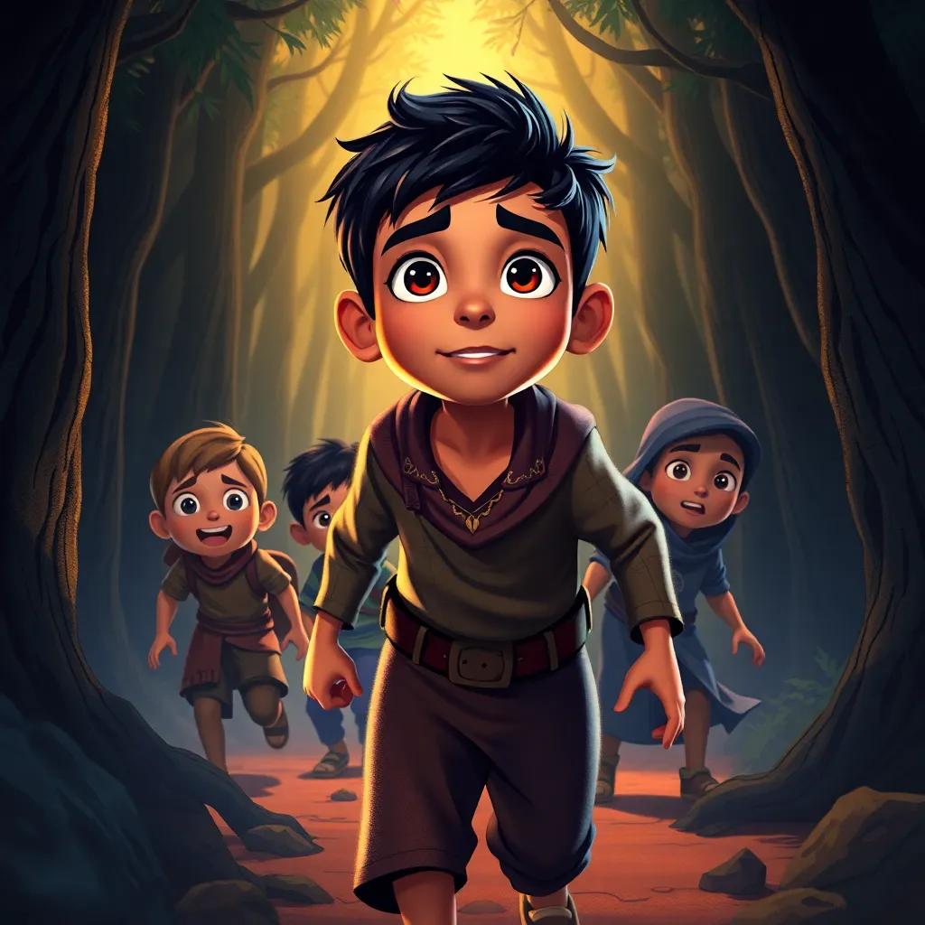 Sami, a young Arab boy with short black hair, leading his friends through a dark, mysterious forest, with shadows and strange sounds around, brave expression, adventurous digital art, vibrant colors, dynamic perspective