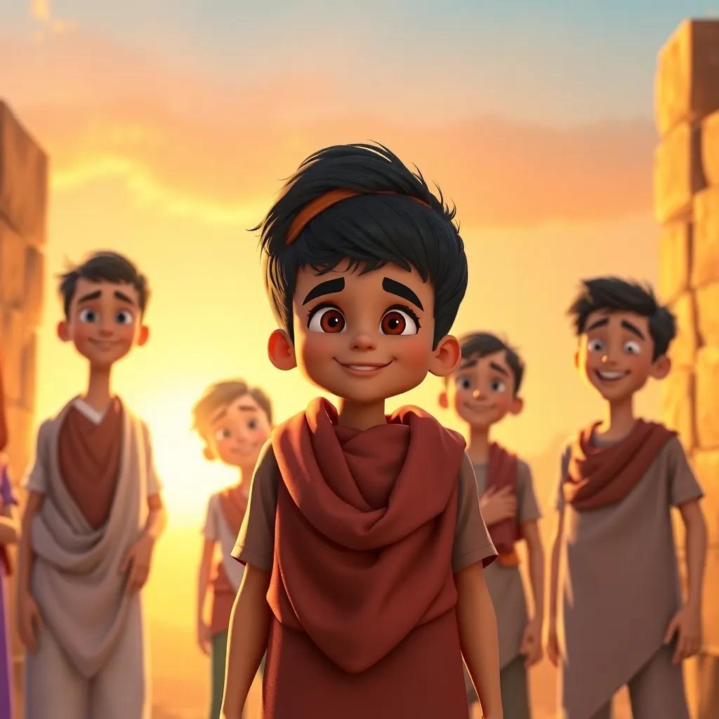A young Arab boy, Sami, with short black hair, standing proudly in his village, with friends around him, all smiling and feeling triumphant after facing their fears, warm sunset light, joyful atmosphere, heartwarming scene, high quality