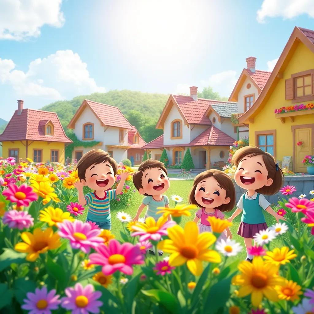 A cheerful village filled with happiness, with children playing and laughing among colorful flowers, bright sunshine, digital art, vibrant colors, joyful atmosphere, high quality