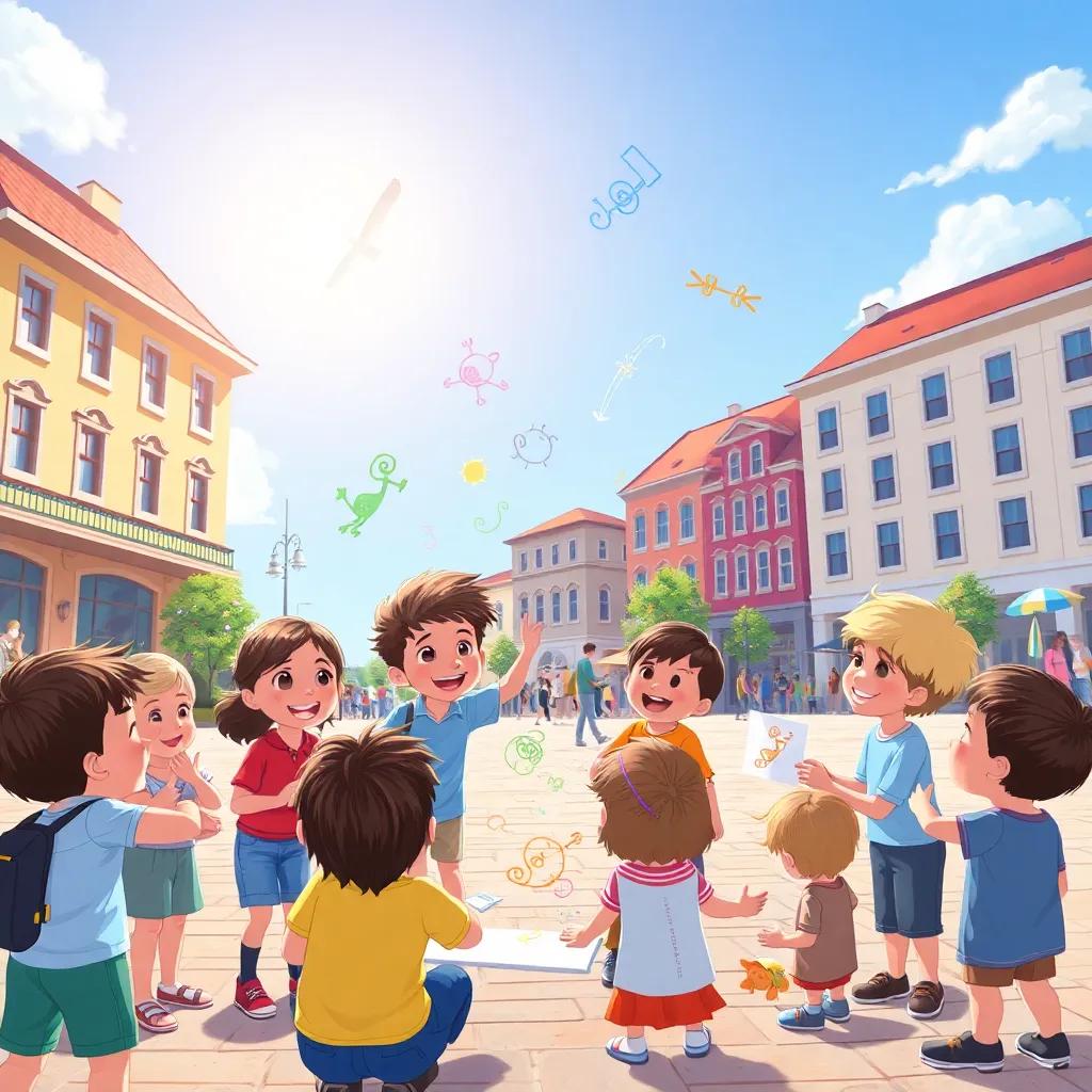 Children gathering in a sunny square, smiling and working together, creating colorful drawings in the air, whimsical digital art, bright and lively, engaging scene, high quality