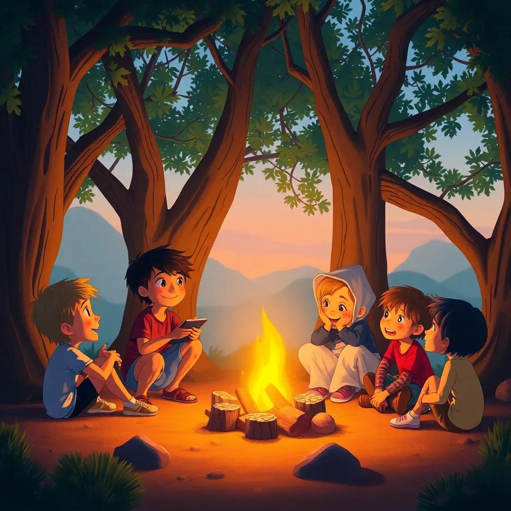 Children around a small fire under big trees, telling funny stories and laughing, warm glow of the fire, evening setting, cozy digital art, inviting and cheerful, high quality