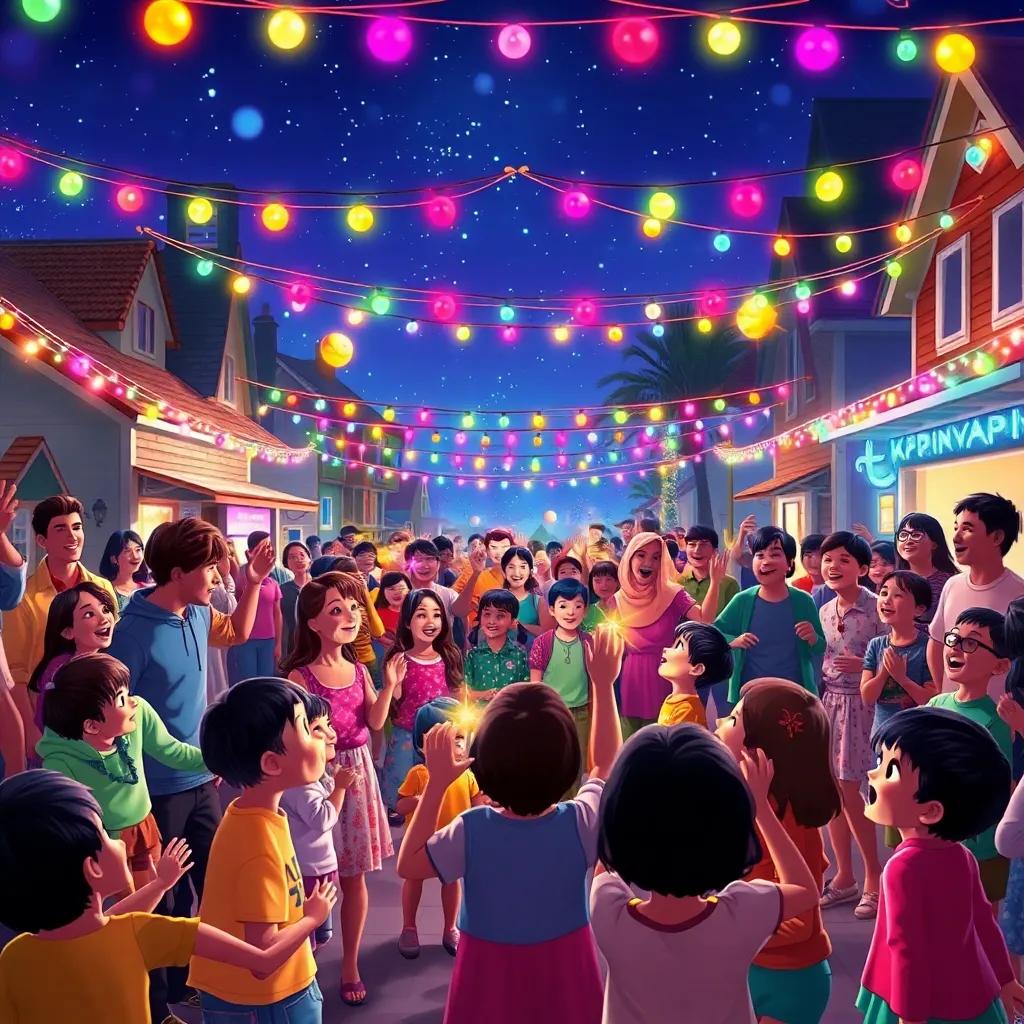 A big celebration with children, families, and neighbors, colorful lights decorated in the night sky, singing and dancing, festive atmosphere, joyful digital painting, bright and dynamic, high quality