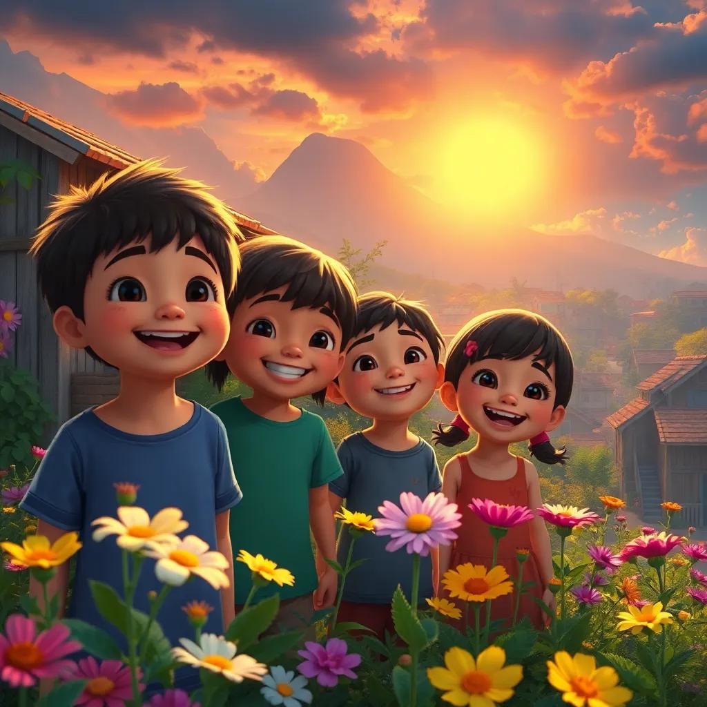 Sunrise after the storm, children smiling in a vibrant village, flowers blooming and sun shining, a sense of togetherness and happiness, digital art, uplifting colors, positive vibe, high quality