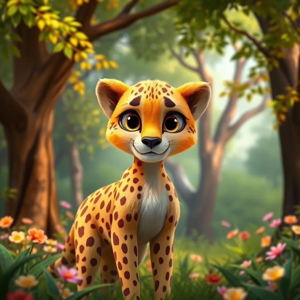 A wise cheetah, Zafeef, with bright eyes and golden fur, standing proudly in a lush green forest, surrounded by trees and flowers, digital art, vibrant colors, warm and inviting atmosphere