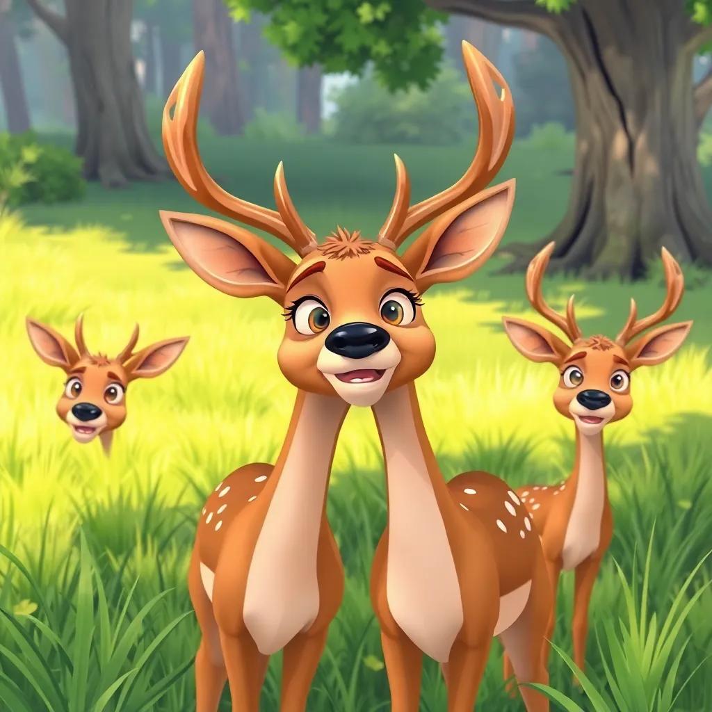 A group of confused deer looking scared, with lush grass and trees in the background, illustration, cheerful style, bright and friendly, showing their reliance on Zafeef