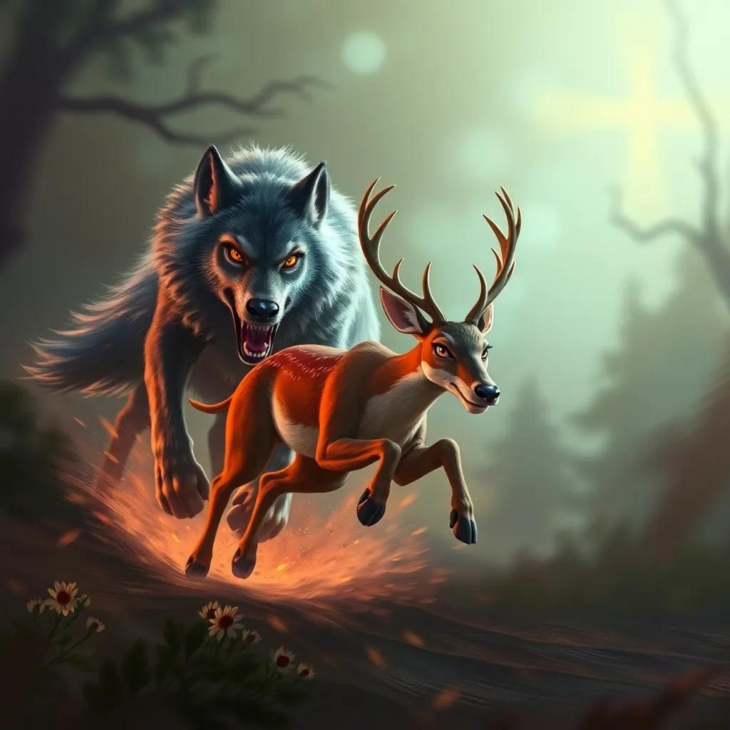 A fierce wolf chasing after the deer, with Zafeef running swiftly in front of it, creating action and movement, digital painting, dramatic lighting, dynamic colors, energy