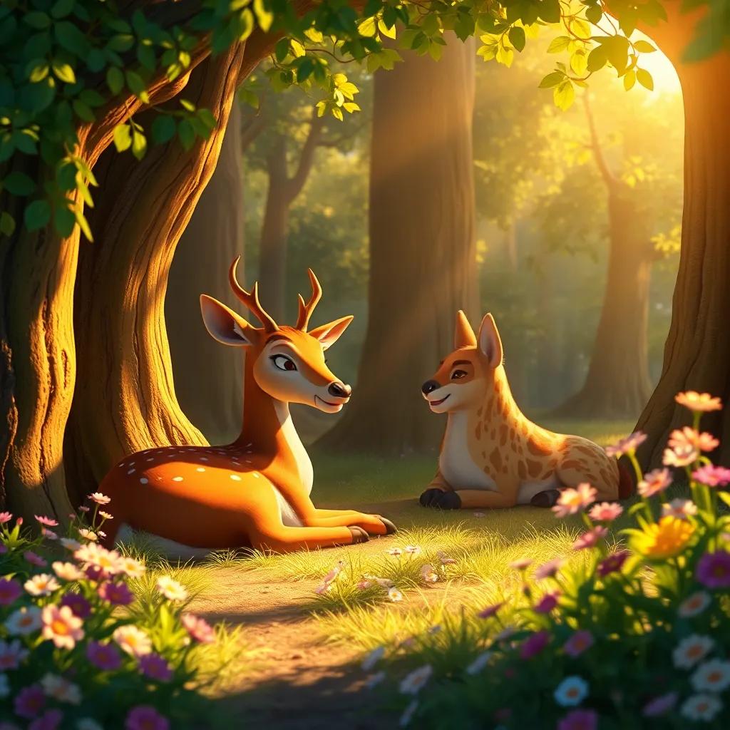 The deer resting safely in a shady area of the forest, with Zafeef sharing wisdom, surrounded by flowers and sunlight, colorful, warm light, peaceful scenery