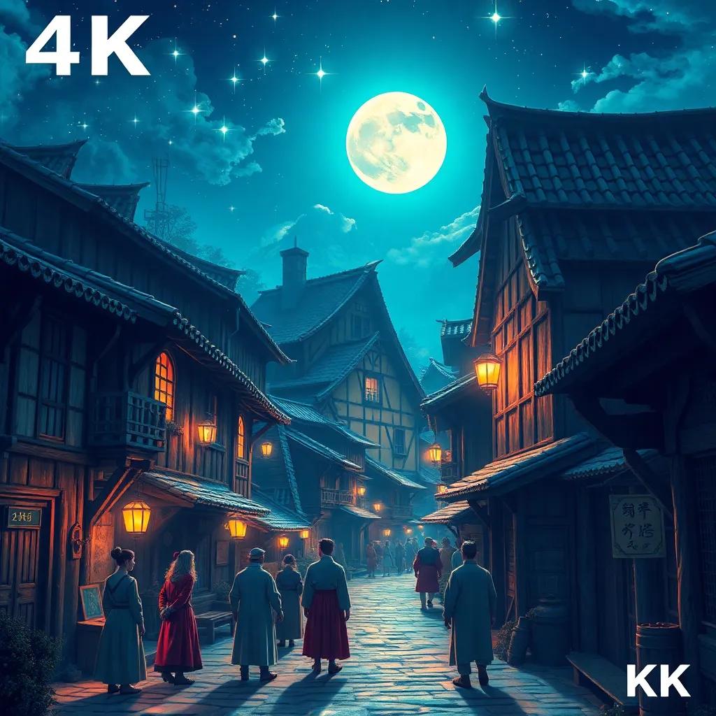 A legendary village at night, featuring people wearing old traditional clothes, with shining stars above and a bright moon illuminating the narrow streets, digital art, vibrant colors, inviting atmosphere, high quality