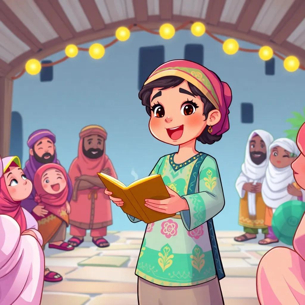 A young Arab girl, Leila, in colorful traditional clothes, excitedly sharing a story about a hidden treasure in the village square, with villagers surrounding her, illustration, cheerful, storytelling moment, child-friendly