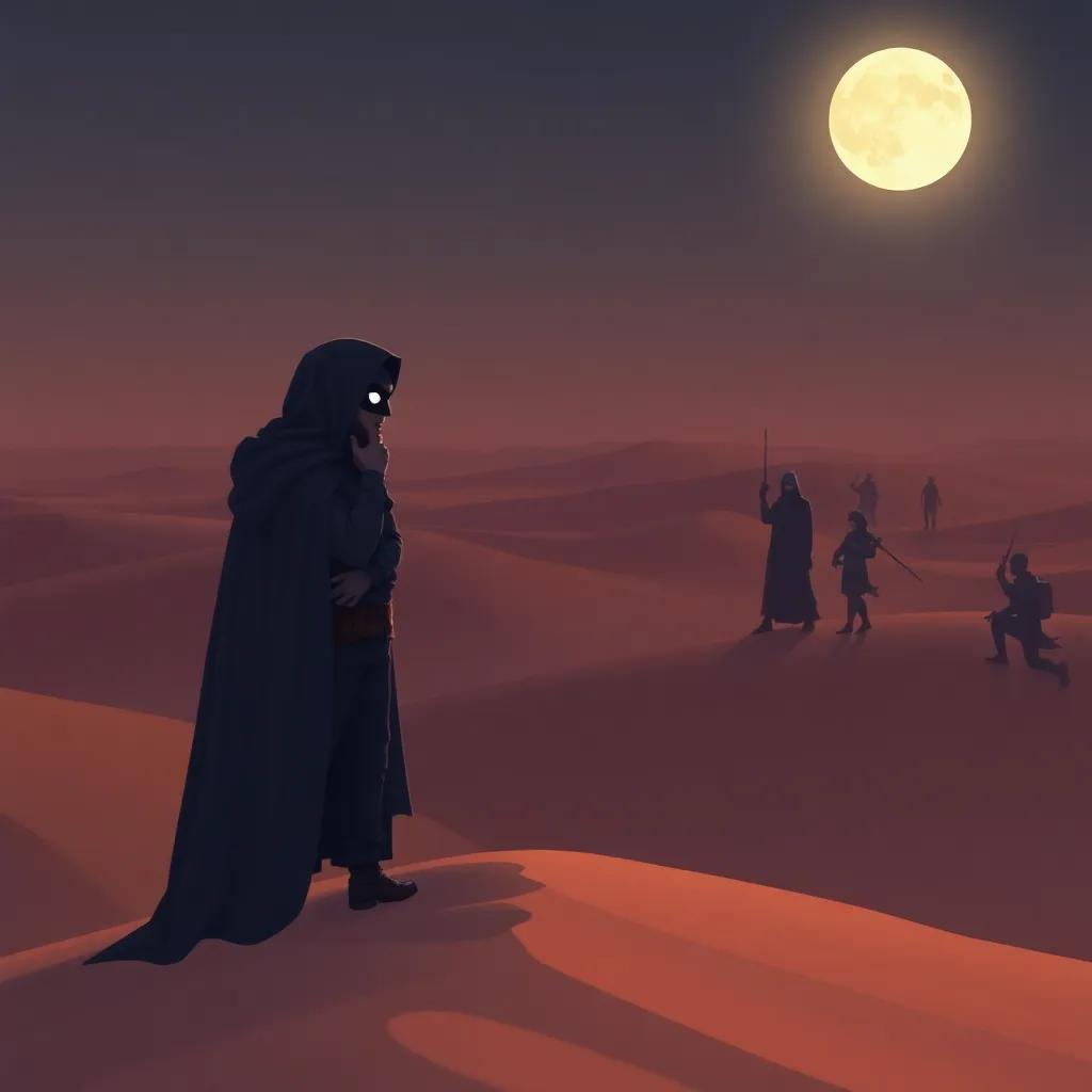 A brilliant strategist, the masked man observing the enemies from a high sand dune, planning his next move under the moonlight, digital art, soft glow, cool colors, thoughtful expression, child-friendly, high quality