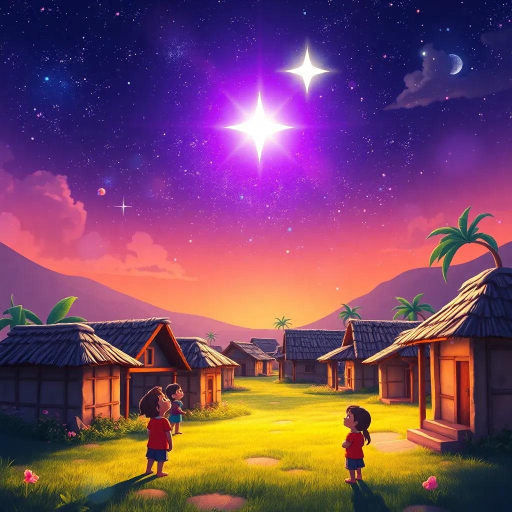A bright star named Lami appears in a beautiful night sky, shining brightly above a village with children looking up in awe, digital art, colorful, warm light, whimsical atmosphere, high quality