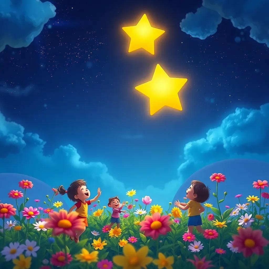 A bright star, Lami, visiting the earth, floating above a flower garden where children are joyfully playing, vibrant colors, cheerful, high quality